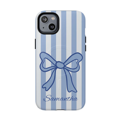 Personalized Coquette Bow Phone Case – Blue Striped Preppy Ribbon Aesthetic