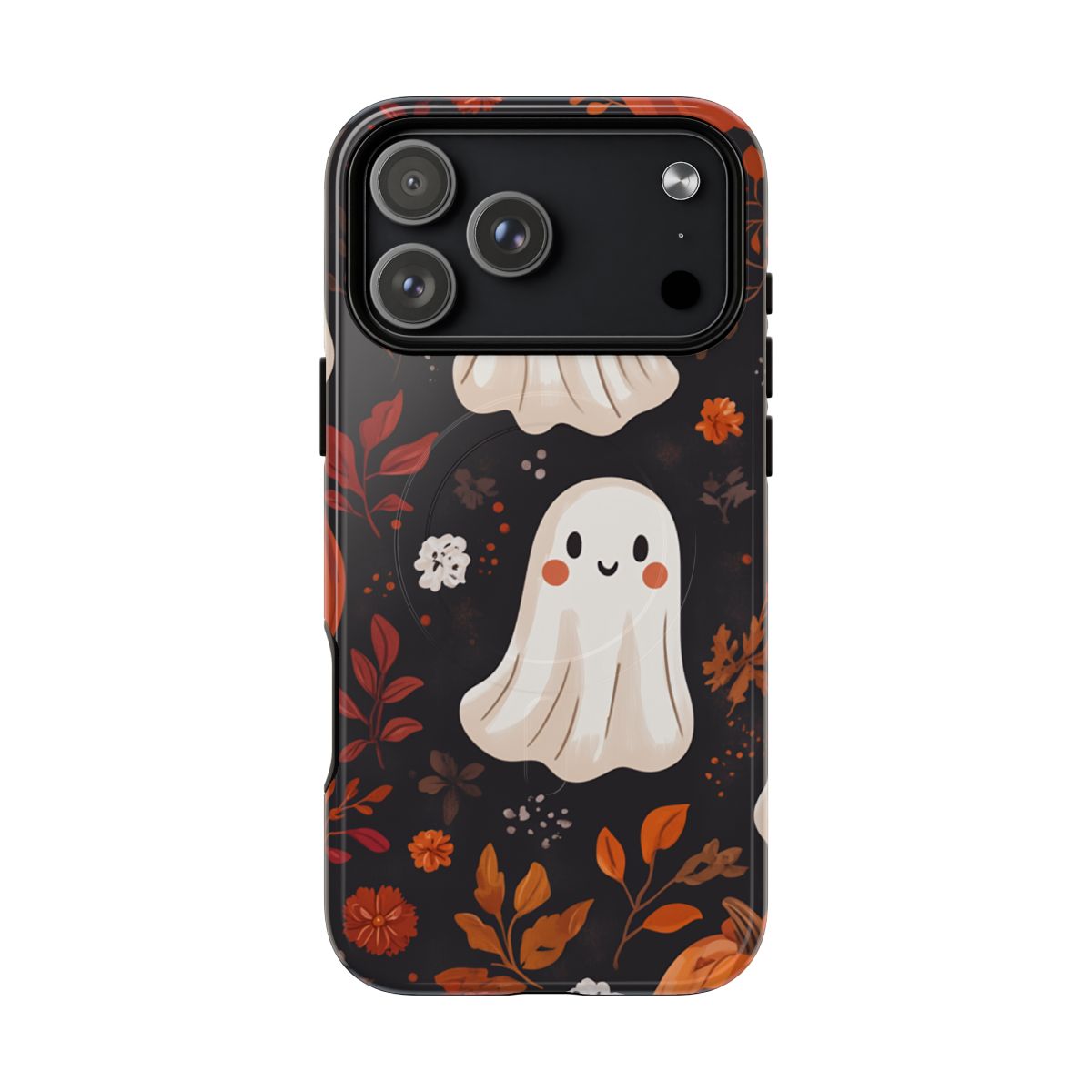 Cute white ghost phone case with rosy cheeks and a happy face on a dark floral background.