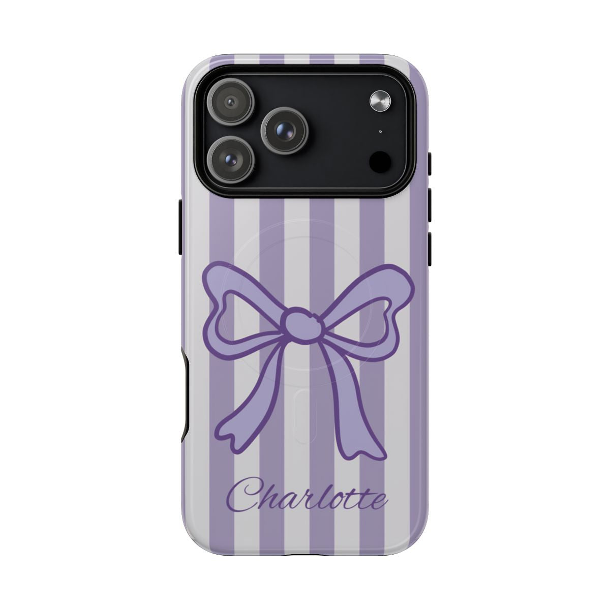 Personalized lavender coquette bow phone case with the custom name  on a striped background.