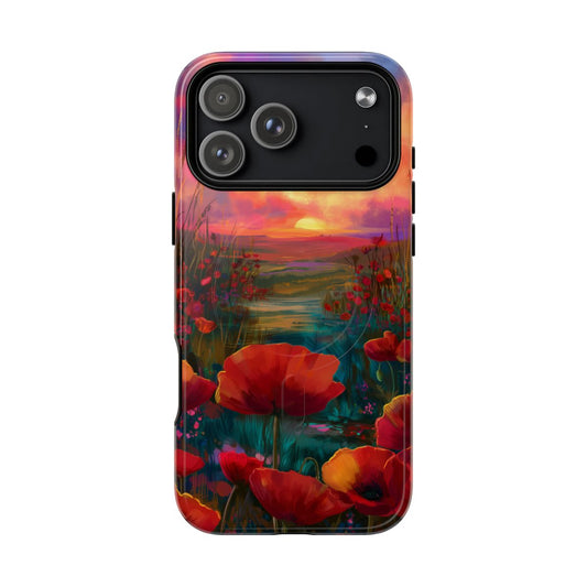 Phone case featuring a lush field of red poppies at dusk under a purple and pink sunset sky.