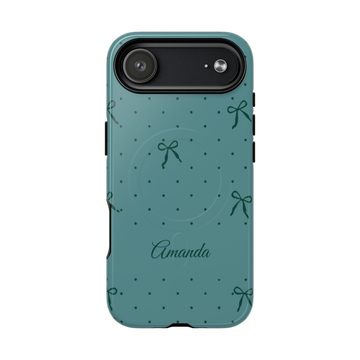 Personalized Teal Bow Phone Case – Custom Name Coquette Polka Dot Aesthetic