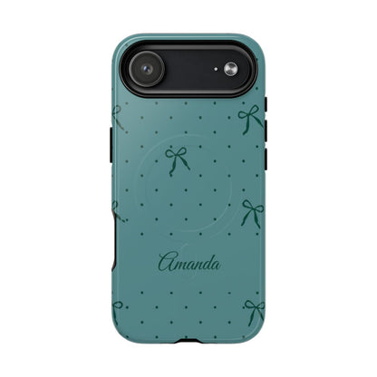 Personalized Teal Bow Phone Case – Custom Name Coquette Polka Dot Aesthetic