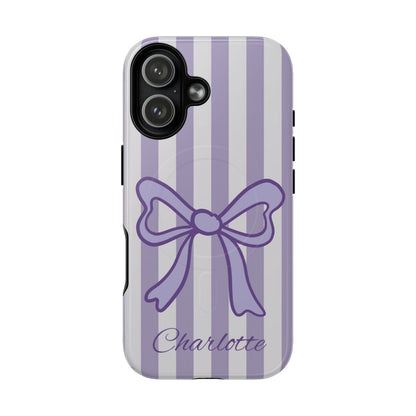 Personalized Lavender Bow Phone Case – Purple Striped Coquette Ribbon Aesthetic