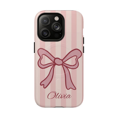 Personalized Pink Bow Phone Case – Soft Pastel Striped Coquette Aesthetic