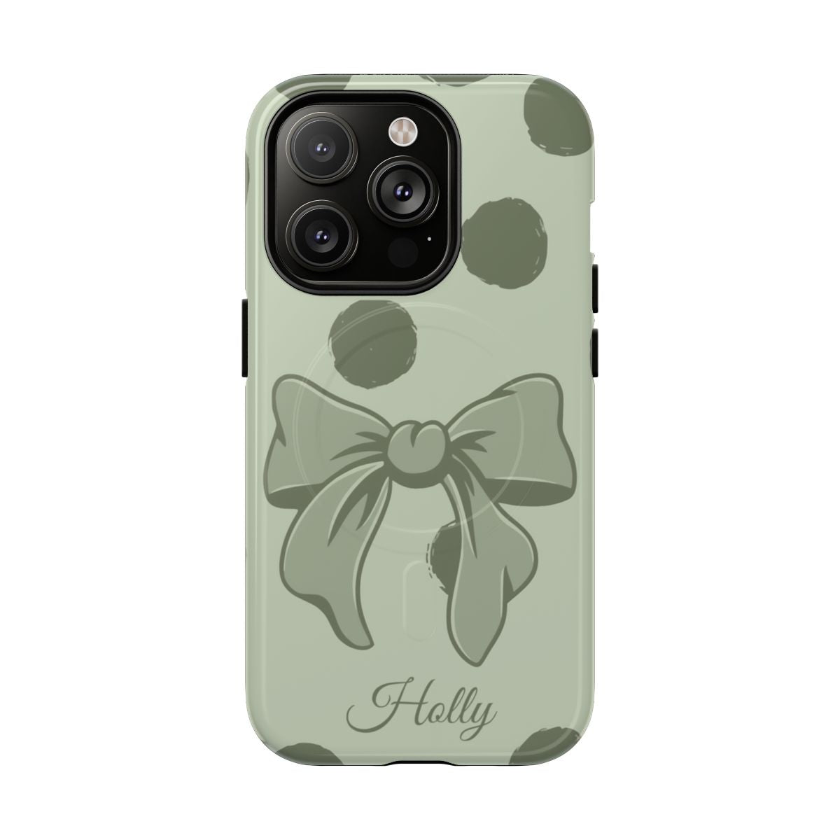 Personalized Sage Green Polka Dot Bow Phone Case – Custom Name Coquette Aesthetic
