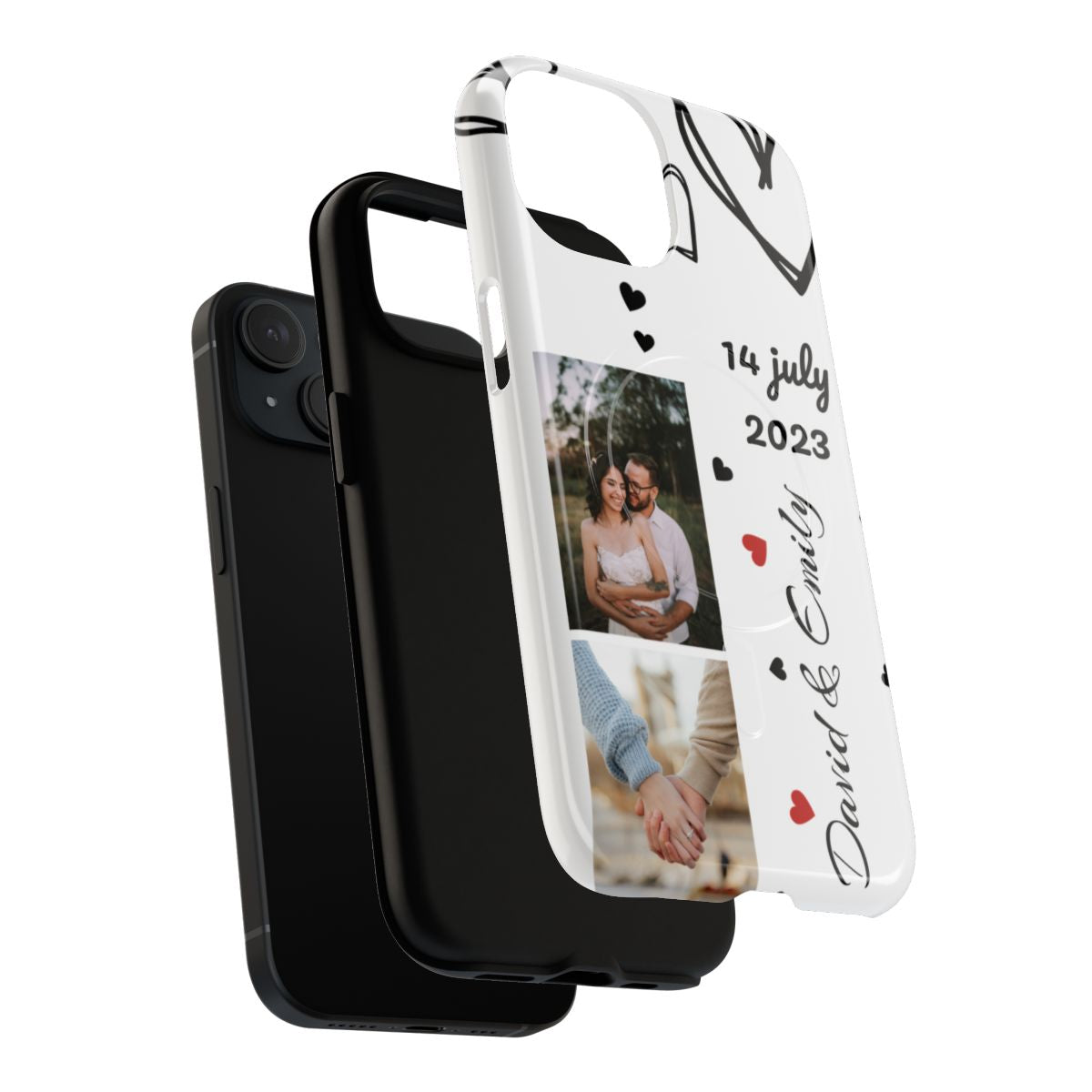Personalized phone case design with two photo slots, black and red heart illustrations, and customizable text on a white background.