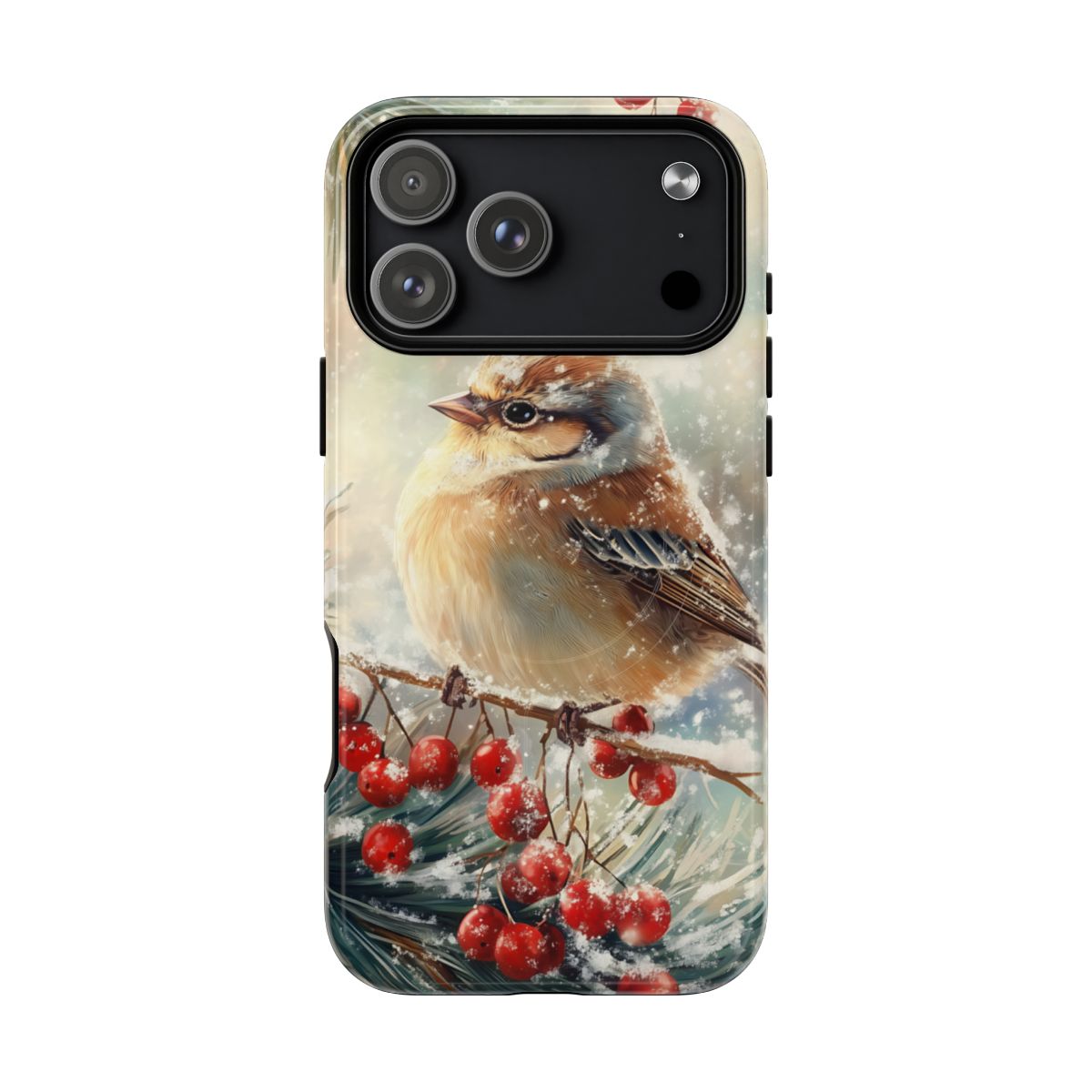 Phone case featuring a round, fluffy bird perched on a frost-covered branch with bright red berries.