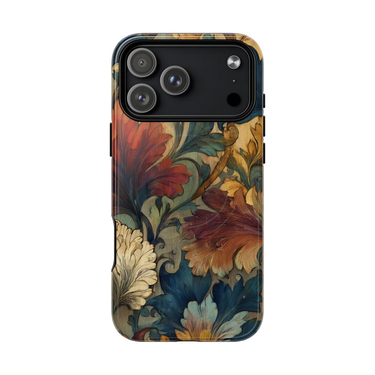 Vintage baroque style phone case with intricate acanthus leaves and large moody floral patterns.