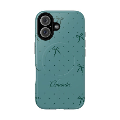 Personalized Teal Bow Phone Case – Custom Name Coquette Polka Dot Aesthetic