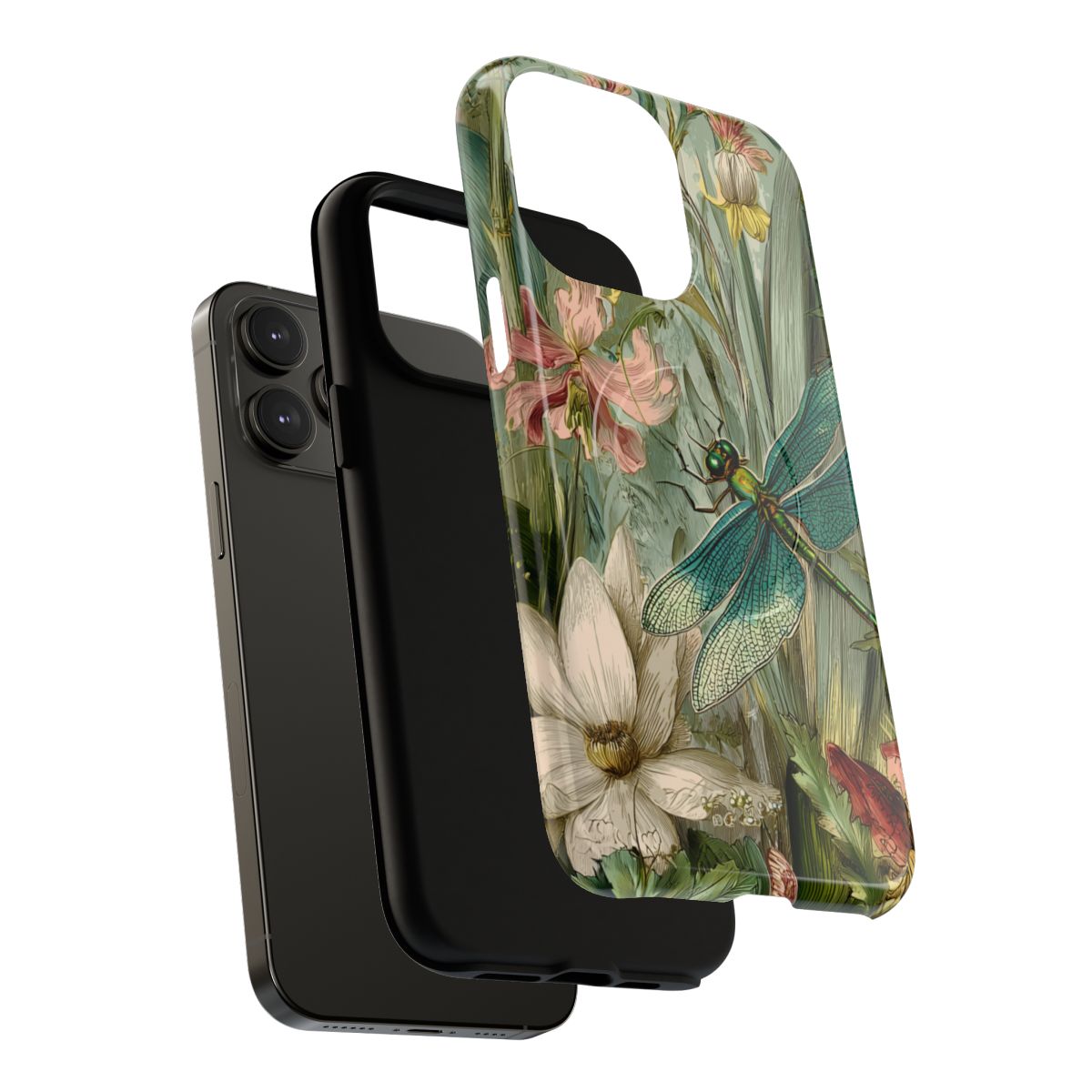 Detailed nature-inspired phone case design with soft green, cream, and pink floral accents.
