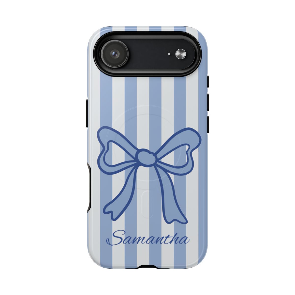 Personalized Coquette Bow Phone Case – Blue Striped Preppy Ribbon Aesthetic