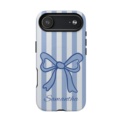 Personalized Coquette Bow Phone Case – Blue Striped Preppy Ribbon Aesthetic