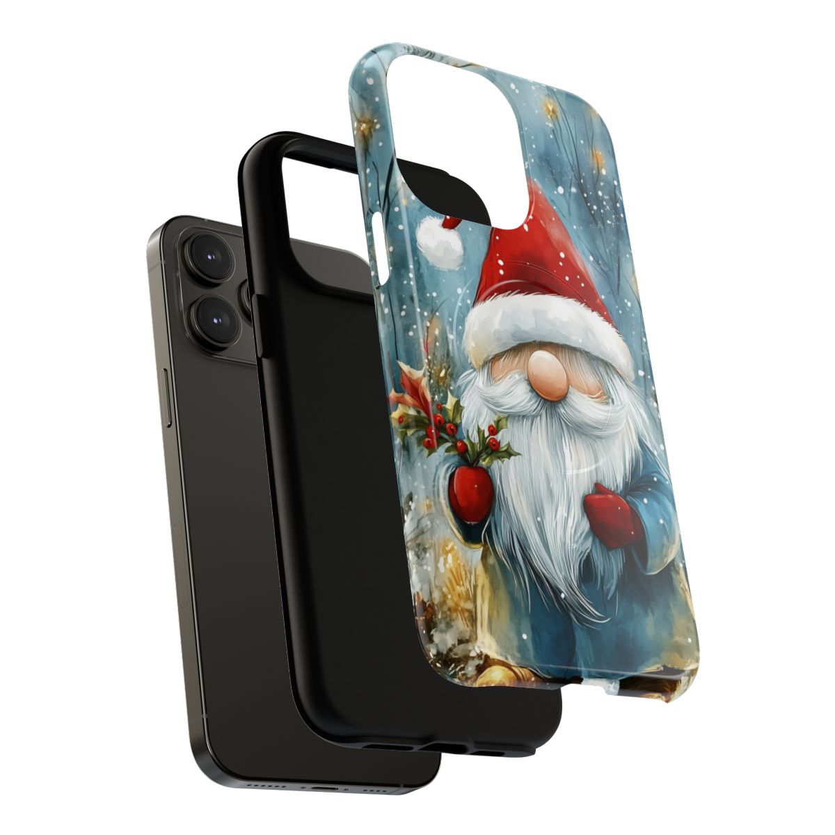 Cozy Nordic-style gnome phone case with a classic red and blue holiday color palette.