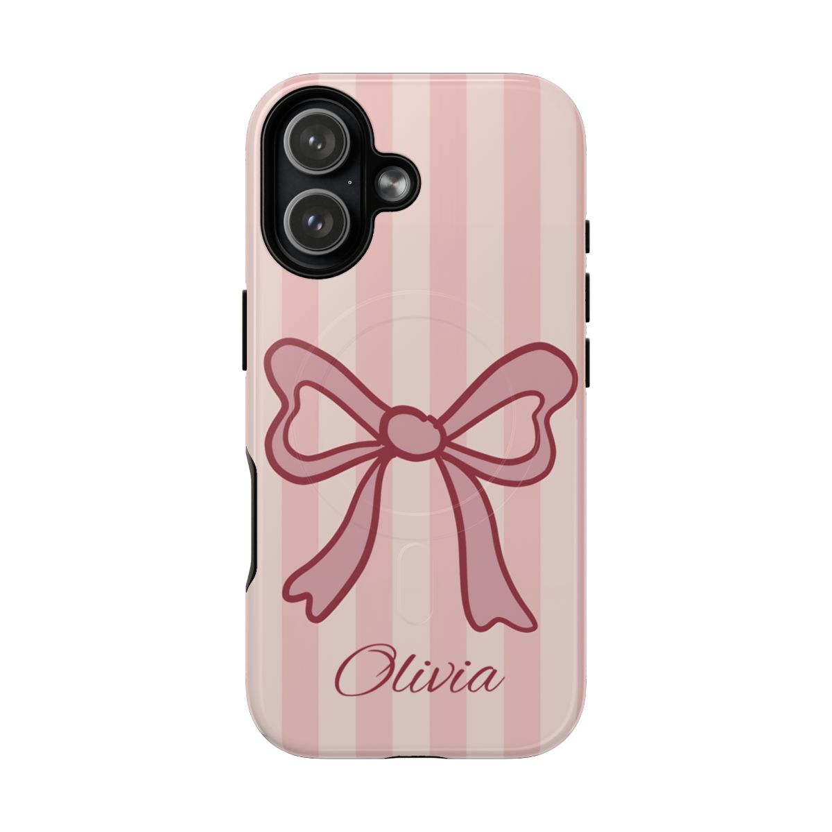 Personalized Pink Bow Phone Case – Soft Pastel Striped Coquette Aesthetic