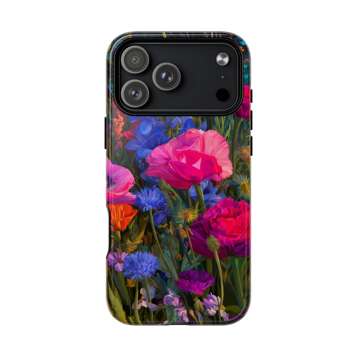 Bright pink poppy and blue cornflower phone case with a lush wildflower meadow design. This protective smartphone cover features a vibrant floral illustration with deep purple and orange accents for a bold, botanical look.
