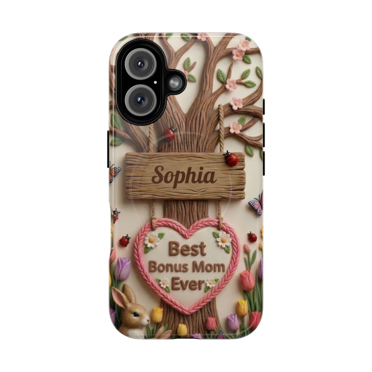 Personalized Bonus Mom Phone Case – Custom Name Clay Spring Garden Aesthetic