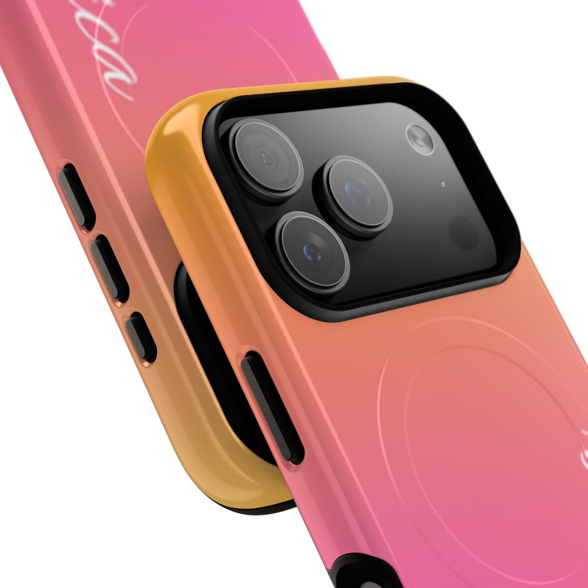 Customizable 'Jessica' name phone case with a vibrant orange-to-pink gradient background.