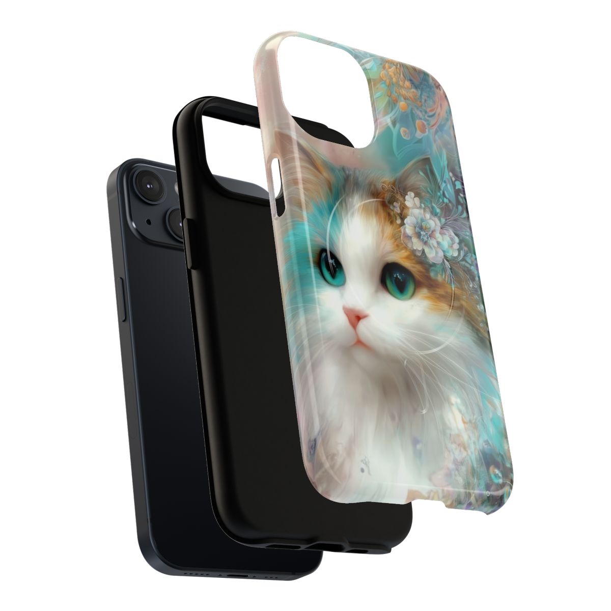 Back view of a protective phone case with a whimsical long-haired cat portrait.