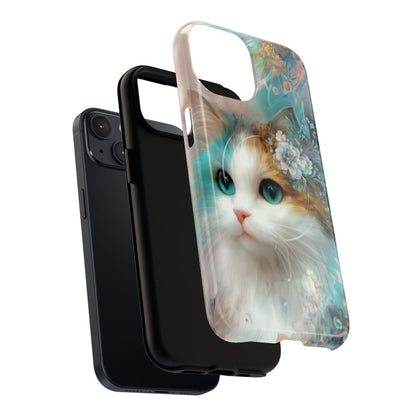 Back view of a protective phone case with a whimsical long-haired cat portrait.