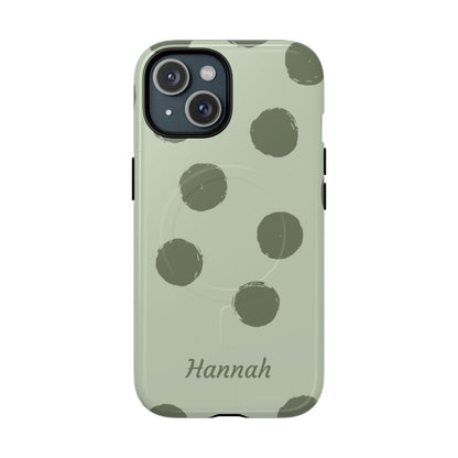Personalized Sage Green Polka Dot Phone Case – Custom Name Matcha Aesthetic