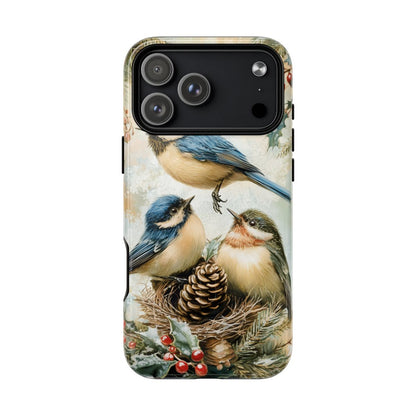 Vintage-style phone case featuring three detailed blue and brown birds perched on a pinecone.
