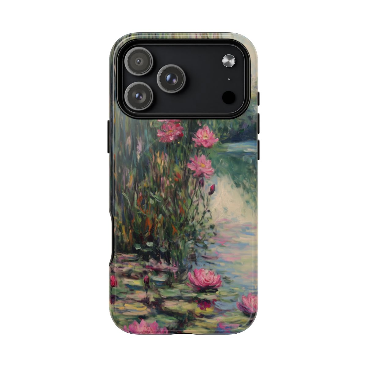 Phone case featuring a beautiful oil painting of pink water lilies floating on a peaceful green pond.