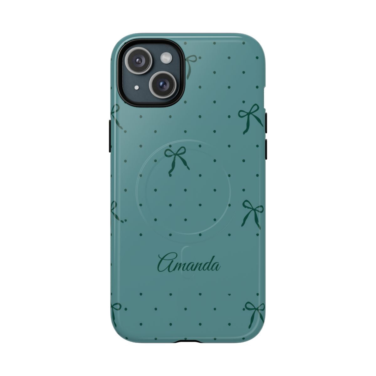 Personalized Teal Bow Phone Case – Custom Name Coquette Polka Dot Aesthetic