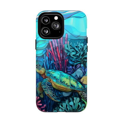 Stained Glass Turtle Phone Case – Coastal Blue Ocean Mosaic Aesthetic
