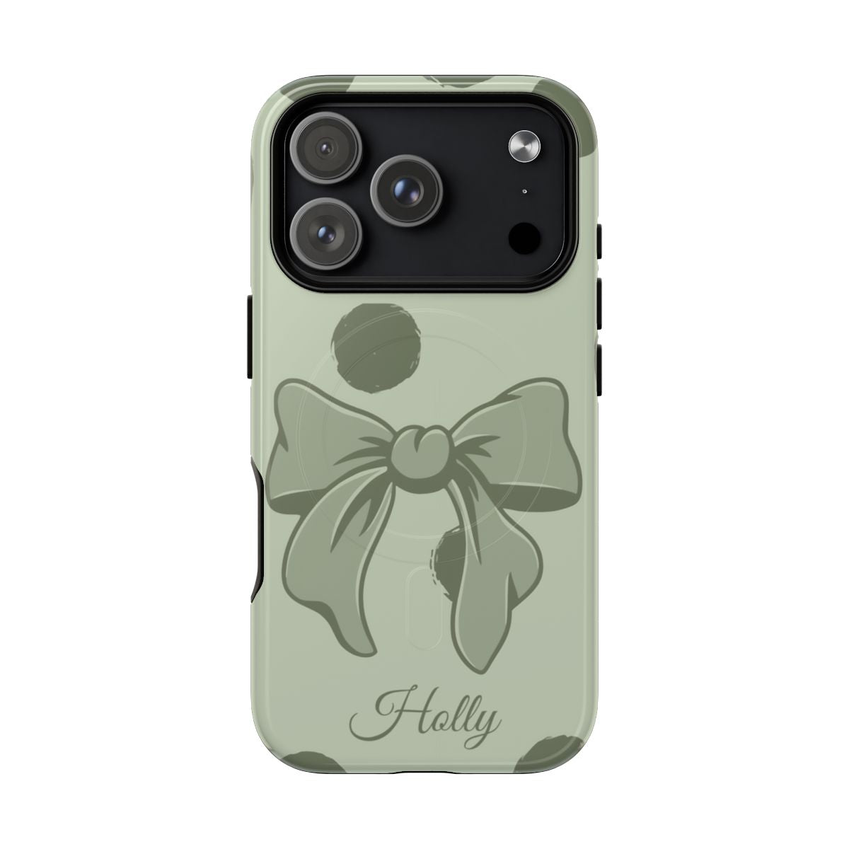 Personalized Sage Green Polka Dot Bow Phone Case – Custom Name Coquette Aesthetic