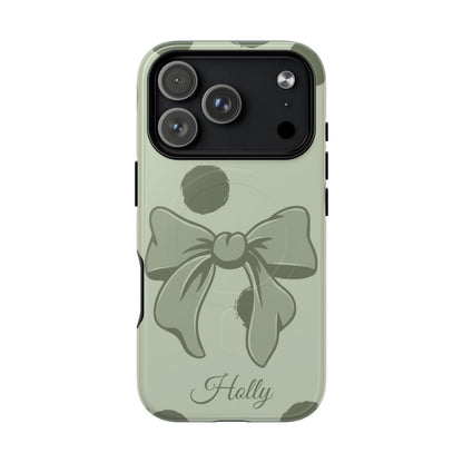 Personalized Sage Green Polka Dot Bow Phone Case – Custom Name Coquette Aesthetic