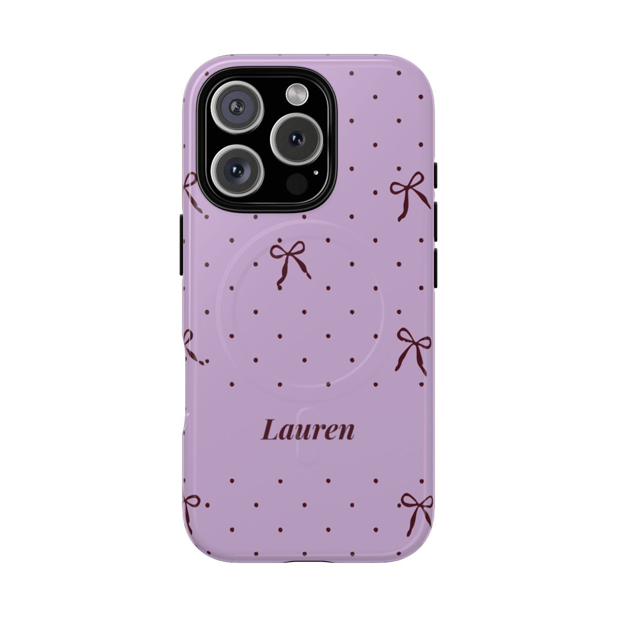 Personalized Lavender Bow Phone Case – Custom Name Polka Dot Coquette Aesthetic