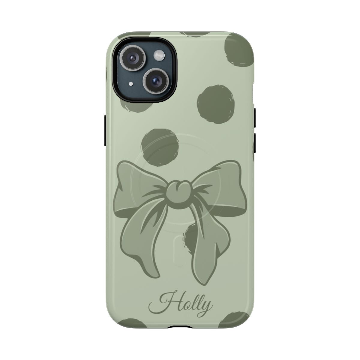 Personalized Sage Green Polka Dot Bow Phone Case – Custom Name Coquette Aesthetic