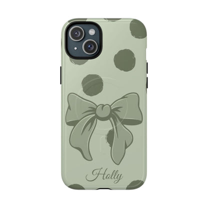 Personalized Sage Green Polka Dot Bow Phone Case – Custom Name Coquette Aesthetic