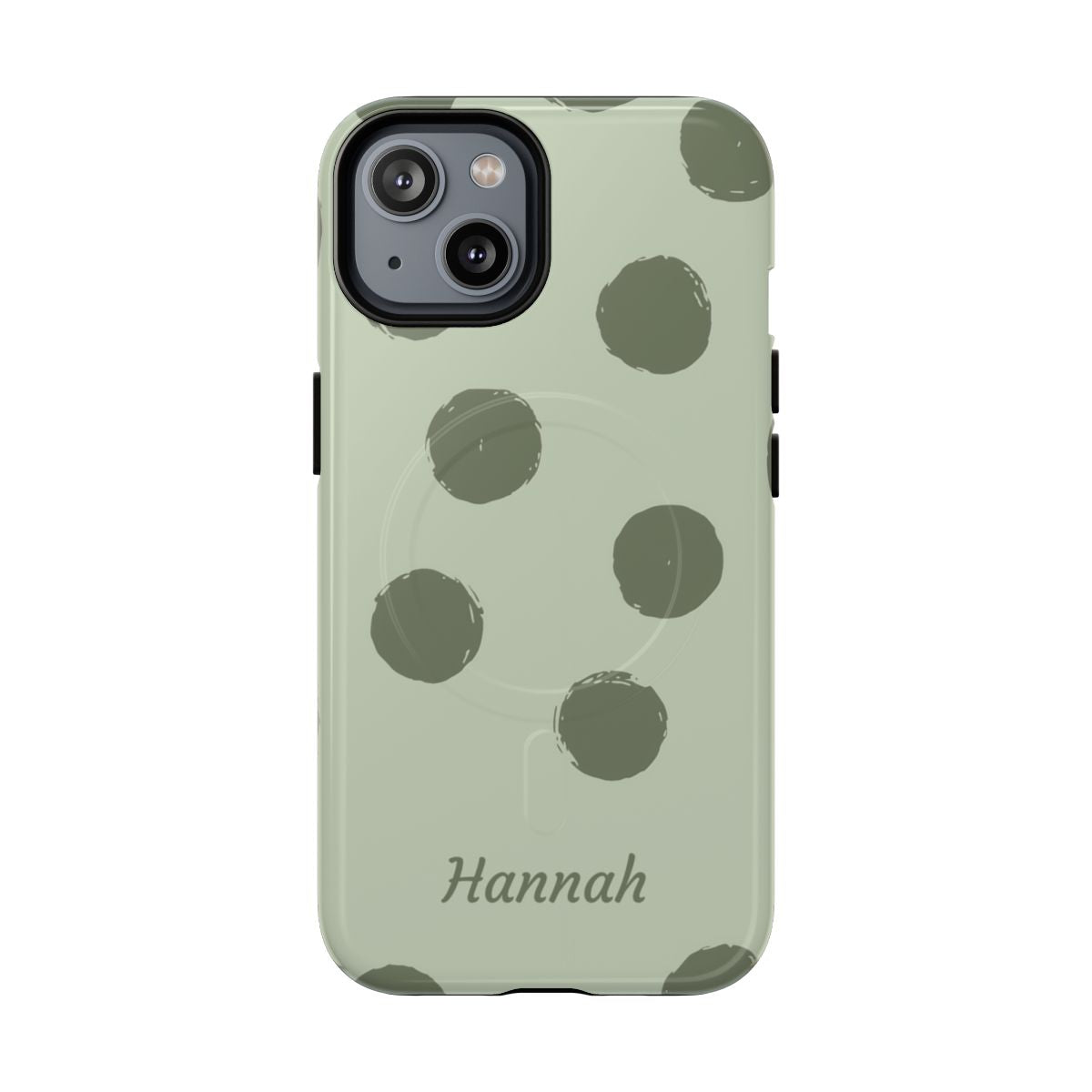 Personalized Sage Green Polka Dot Phone Case – Custom Name Matcha Aesthetic