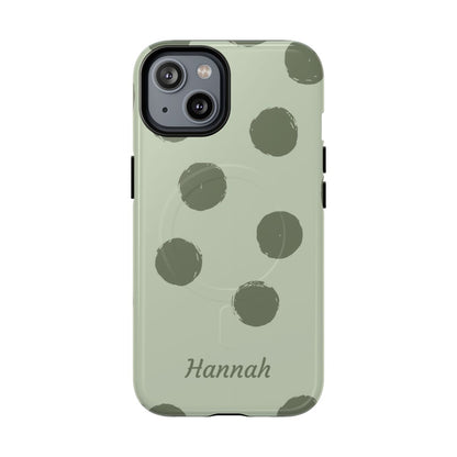 Personalized Sage Green Polka Dot Phone Case – Custom Name Matcha Aesthetic
