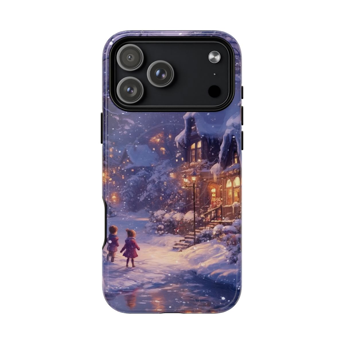 Phone case featuring a glowing Victorian village at night with children walking through falling snow.