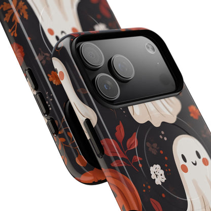 Dark aesthetic phone protector with a friendly ghost silhouette among moody fall foliage and flowers.