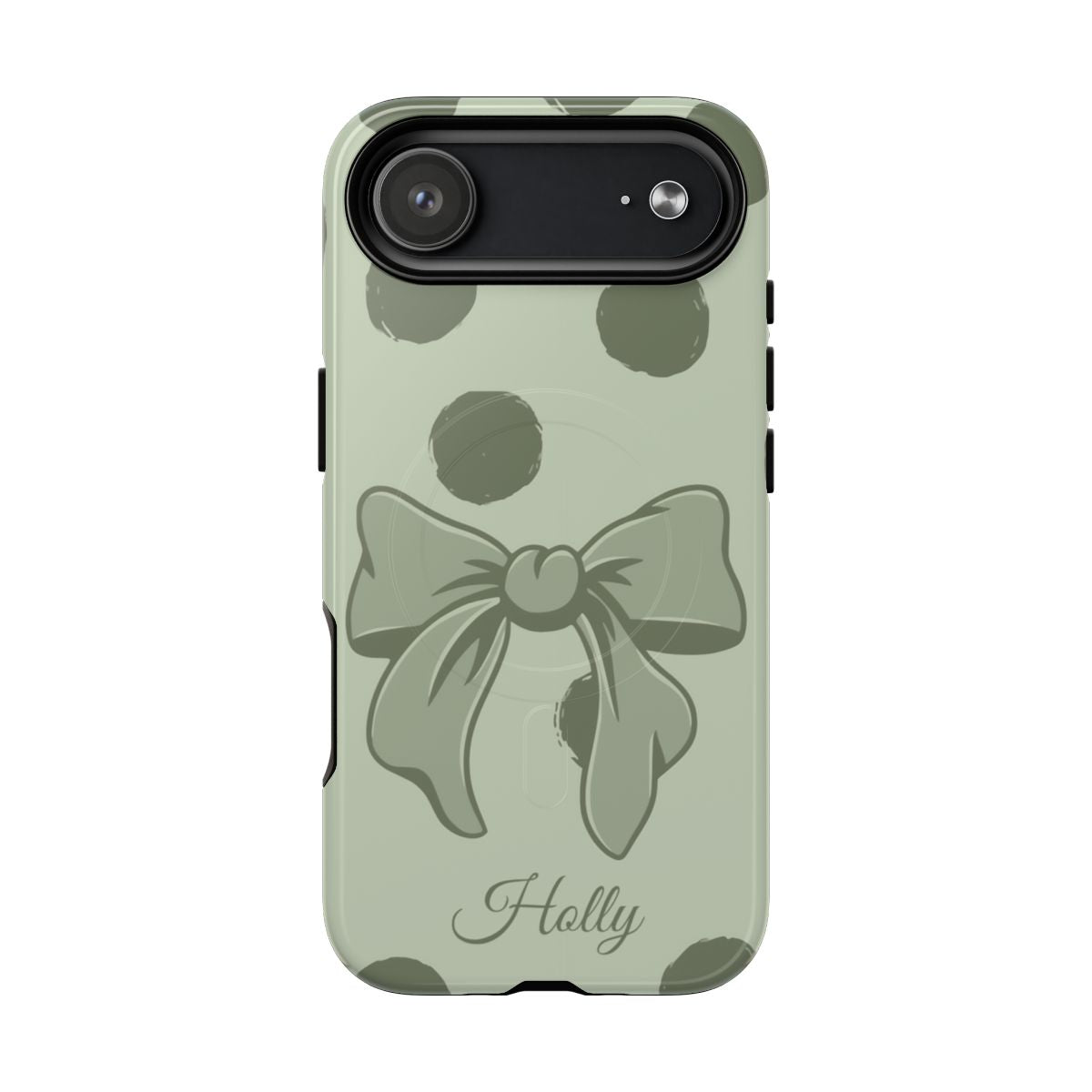 Personalized Sage Green Polka Dot Bow Phone Case – Custom Name Coquette Aesthetic