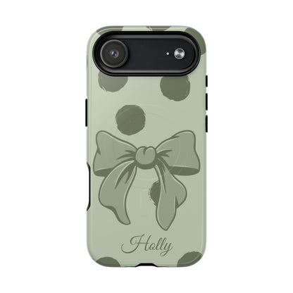 Personalized Sage Green Polka Dot Bow Phone Case – Custom Name Coquette Aesthetic