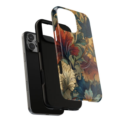 Victorian-inspired botanical phone case with a weathered parchment background and elegant leaf scrolls.