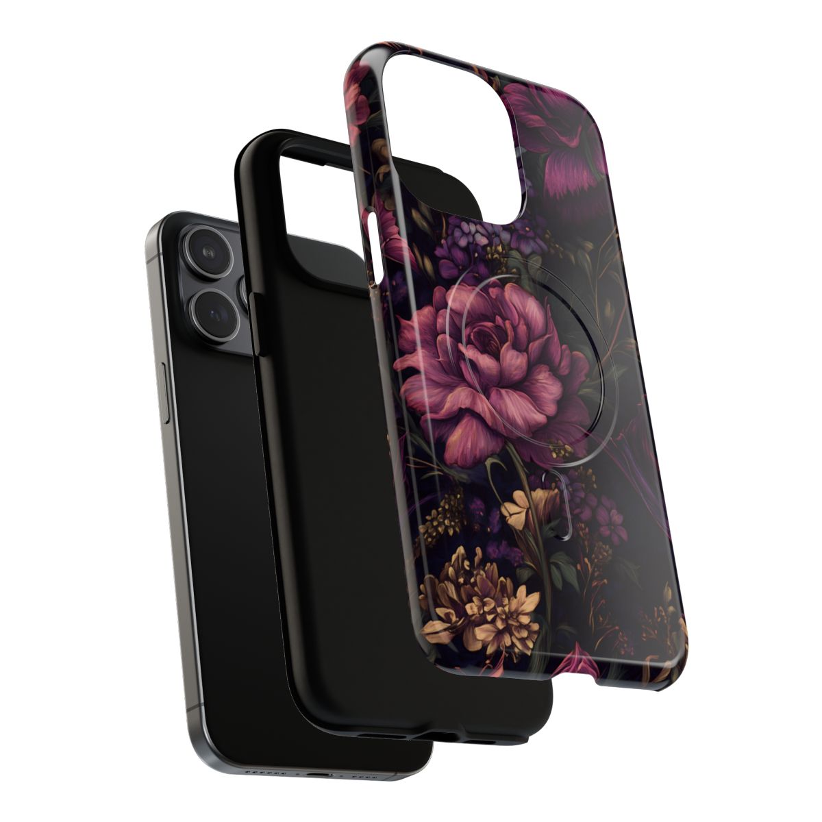 Back view of a protective phone case with a sophisticated dark garden theme and layered floral patterns.