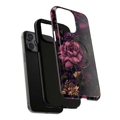Back view of a protective phone case with a sophisticated dark garden theme and layered floral patterns.
