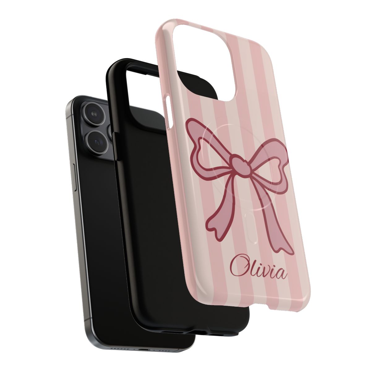 Aesthetic pink striped phone case with a custom name, perfect for a girly and romantic style.