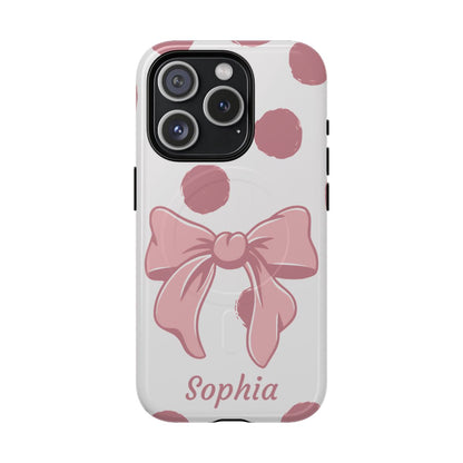 Personalized Pink Polka Dot Bow Phone Case – Custom Name Coquette Aesthetic