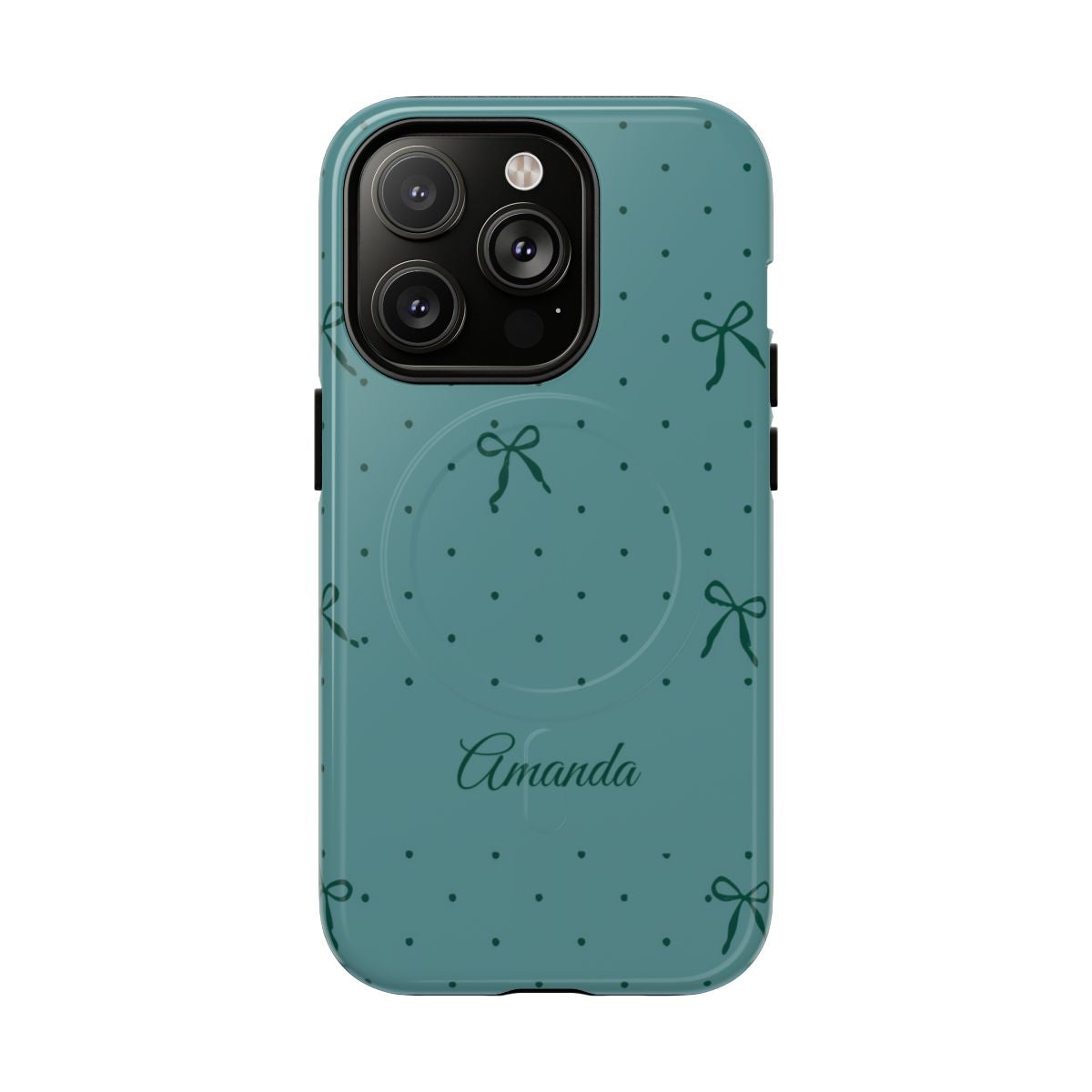 Personalized Teal Bow Phone Case – Custom Name Coquette Polka Dot Aesthetic