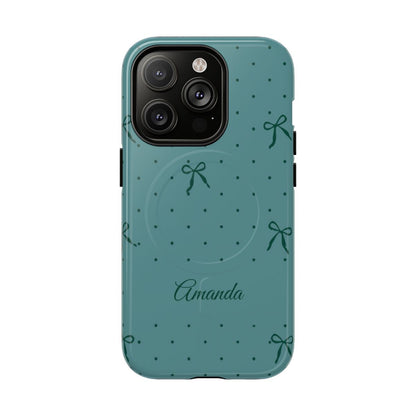 Personalized Teal Bow Phone Case – Custom Name Coquette Polka Dot Aesthetic