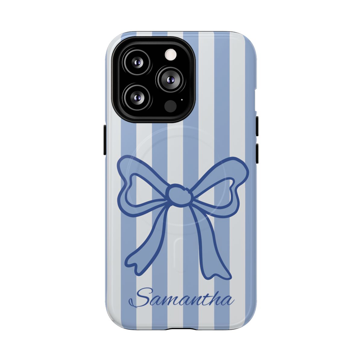 Personalized Coquette Bow Phone Case – Blue Striped Preppy Ribbon Aesthetic