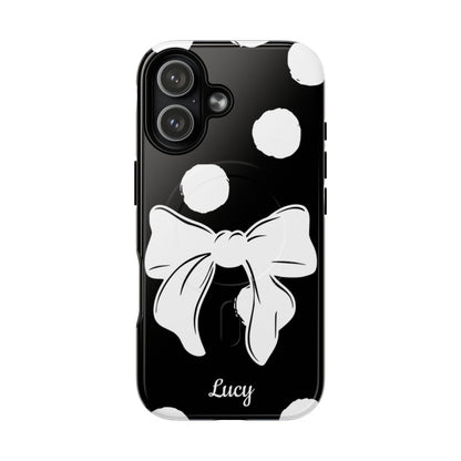 Personalized Black Polka Dot Bow Phone Case – Custom Name Coquette Retro Aesthetic