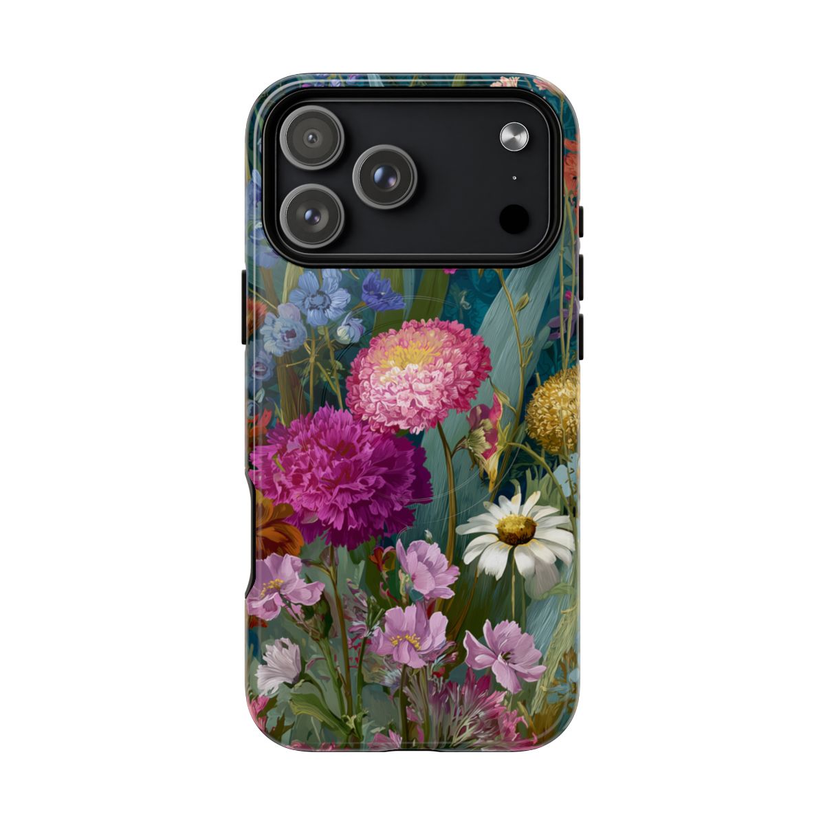 A smartphone protected by a hard-shell case featuring a vibrant, full-coverage floral illustration with pink zinnias, white daisies, and purple wildflowers against a dark teal background.