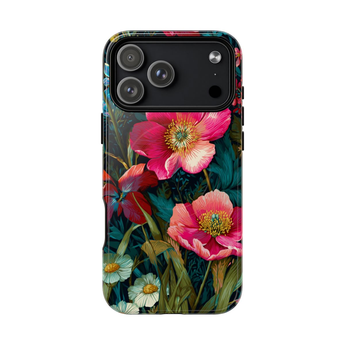 A premium Phone case featuring a vibrant, dark botanical illustration of large pink poppies and small white daisies against a deep teal and black leafy background.